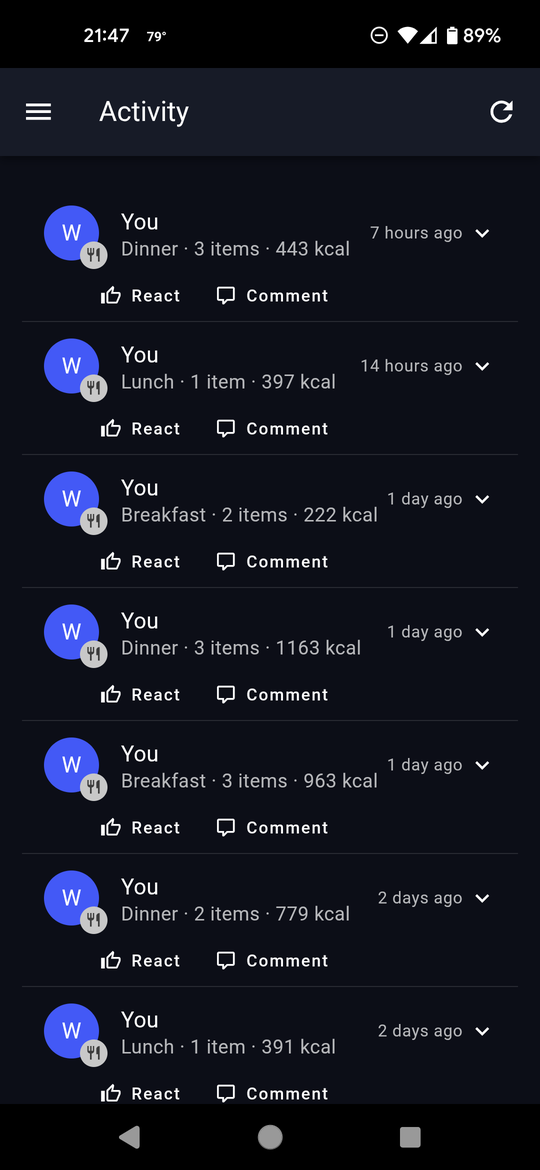 Macro Marmot Activity feed: a friend's workout, a shared recipe, and a weight milestone, with reactions and comments
