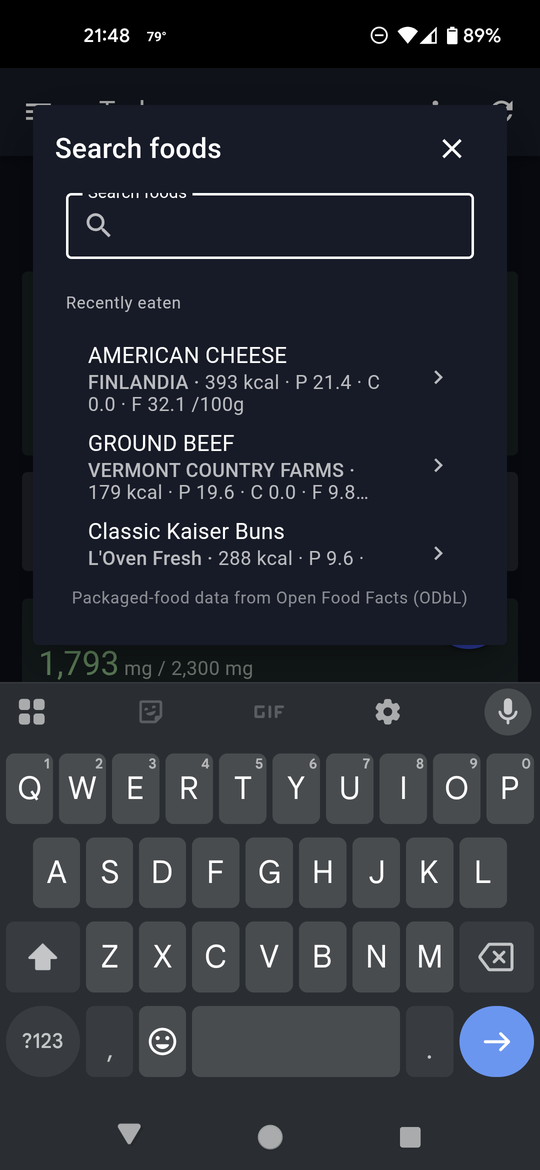Macro Marmot food search: a search field with recently eaten foods and Open Food Facts data